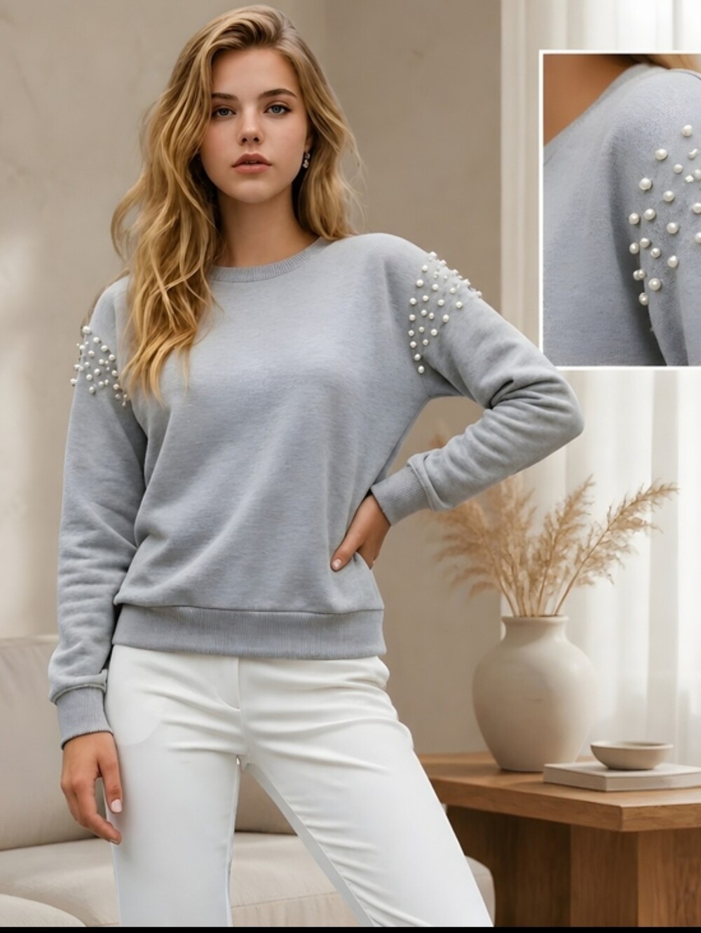 Ultra Flirt Pearl Shoulder Dropped Sleeve Sweatshirt Small Heather Gray - Picture 16 of 16